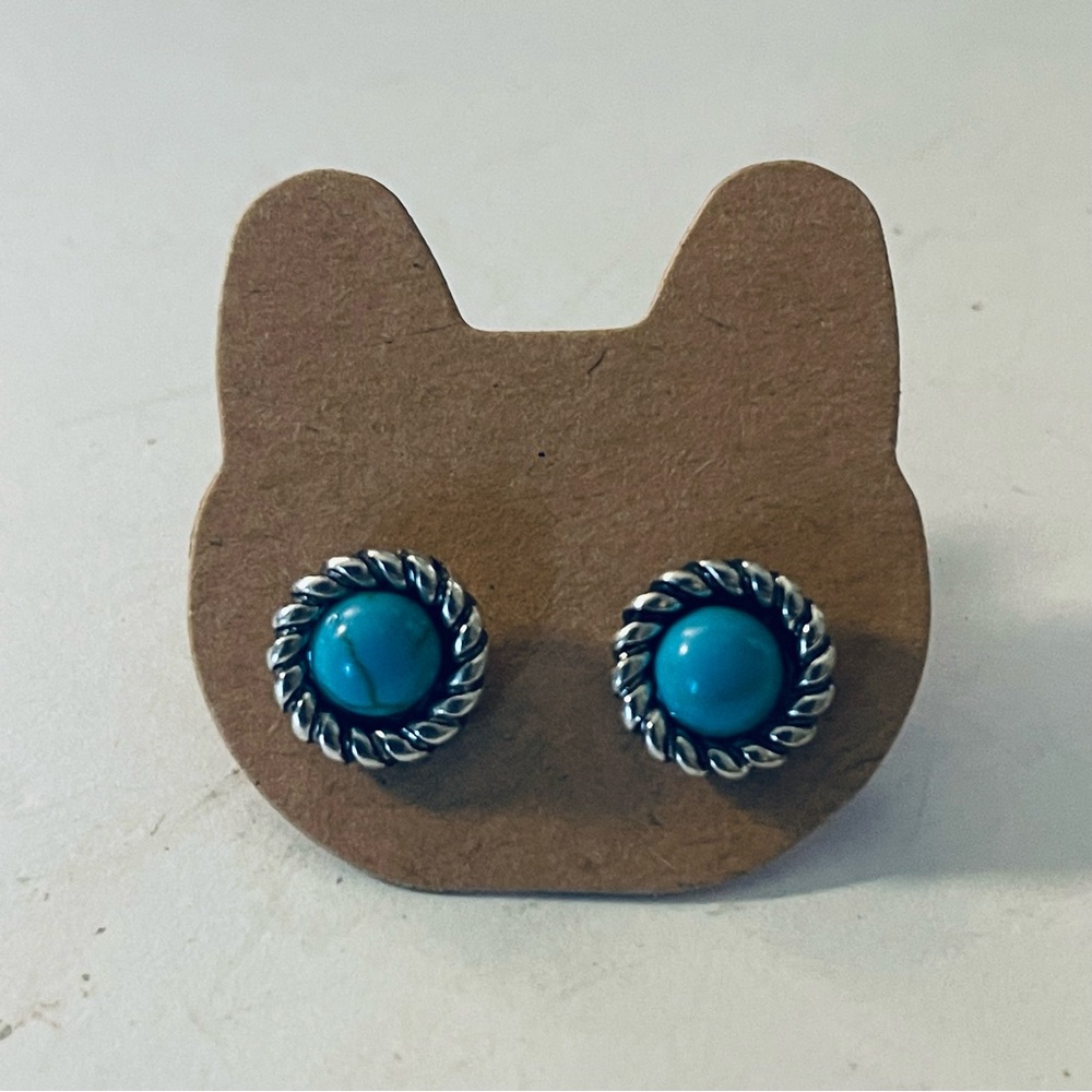 New Natural Polished Turquoise S925 Sterling Silver Handmade Boho Stud Earrings - Picture 3 of 8